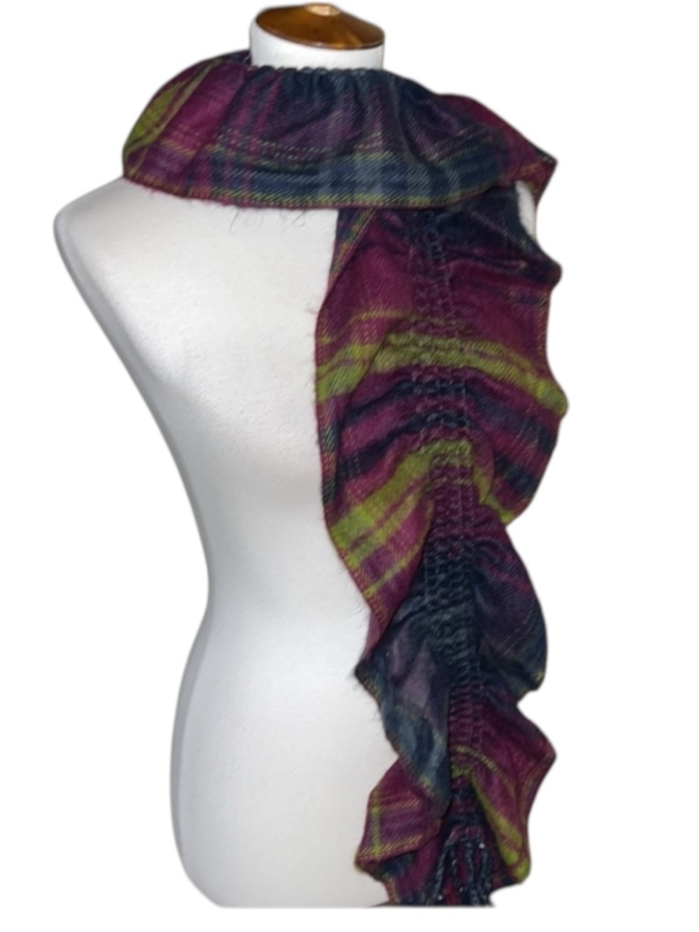 Statement Ruched Ruffle Scarf Wrap Plaid Boho Shawl Fringe Purple Green Blue